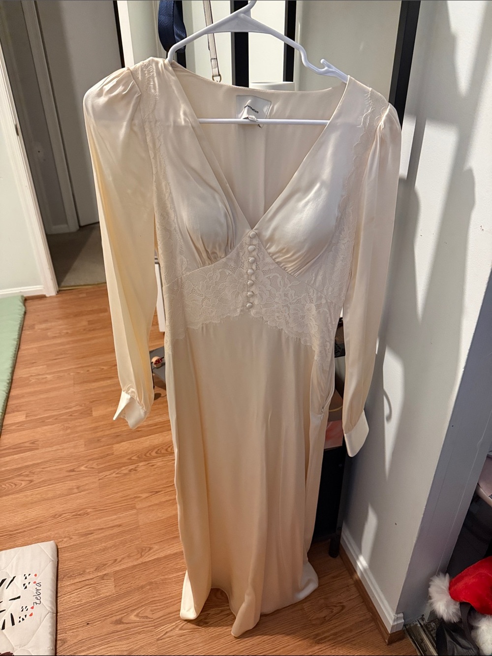 Reformation Cream Satin Lace-Trim Long Dress